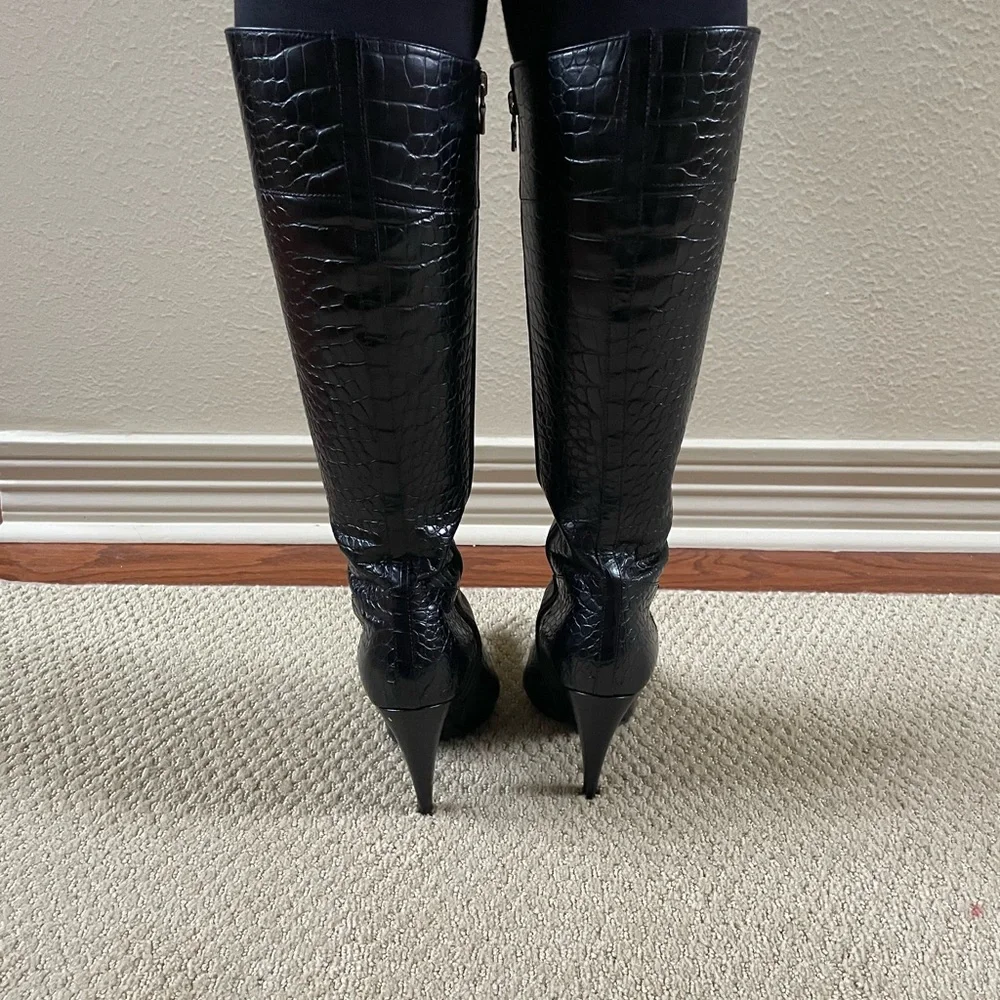 Prada Black Croc-Embossed Heeled Boots - Picture 8 of 10